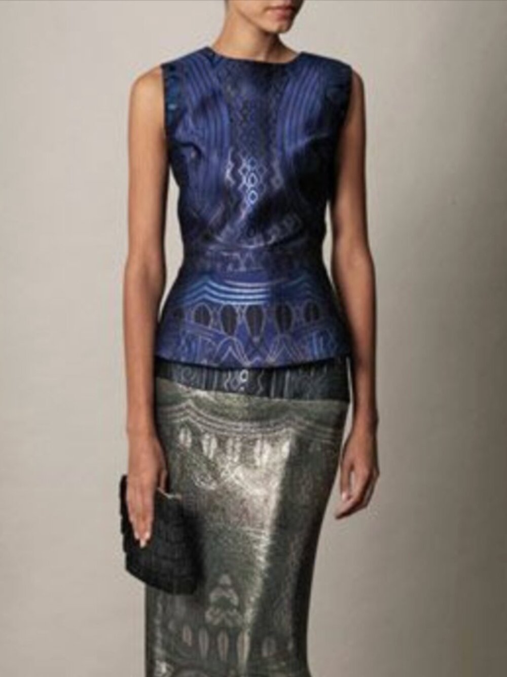 MARY KATRANTZOU Blue Metallic Brocade Peplum Top NWT UK12